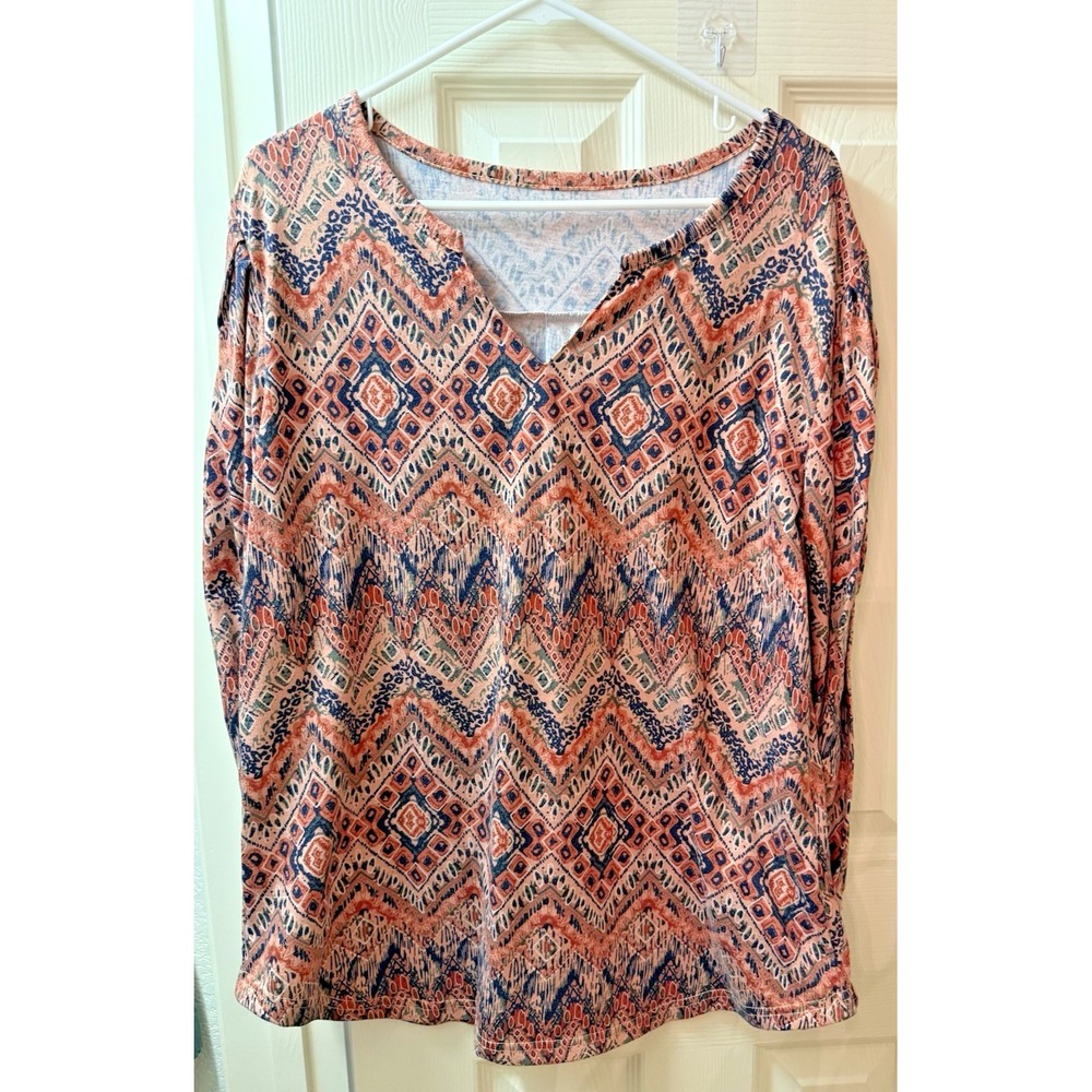 Sunnegoo Women XL Long Sleeve Blouse Geometric Chevron Print Smocked Cuff Top